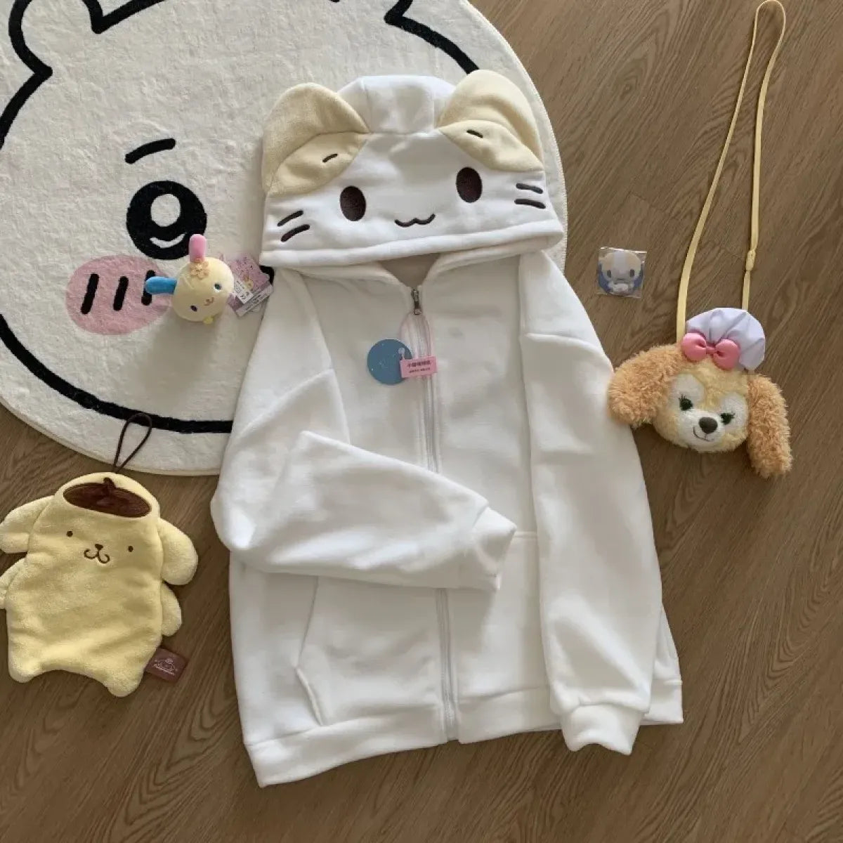 Beige Cutecore Cat Fleece  Hoodie With Zipper