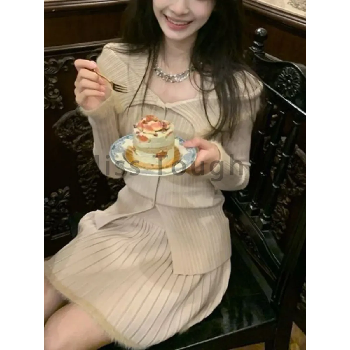 Beige Knit Two-Piece Set – Collared Cardigan & Pleated Skirt