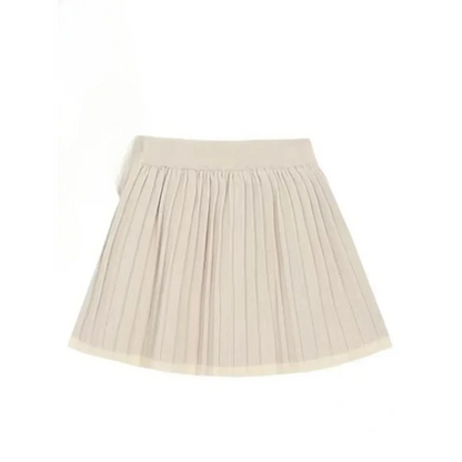 Beige Knit Two-Piece Set – Collared Cardigan & Pleated Skirt