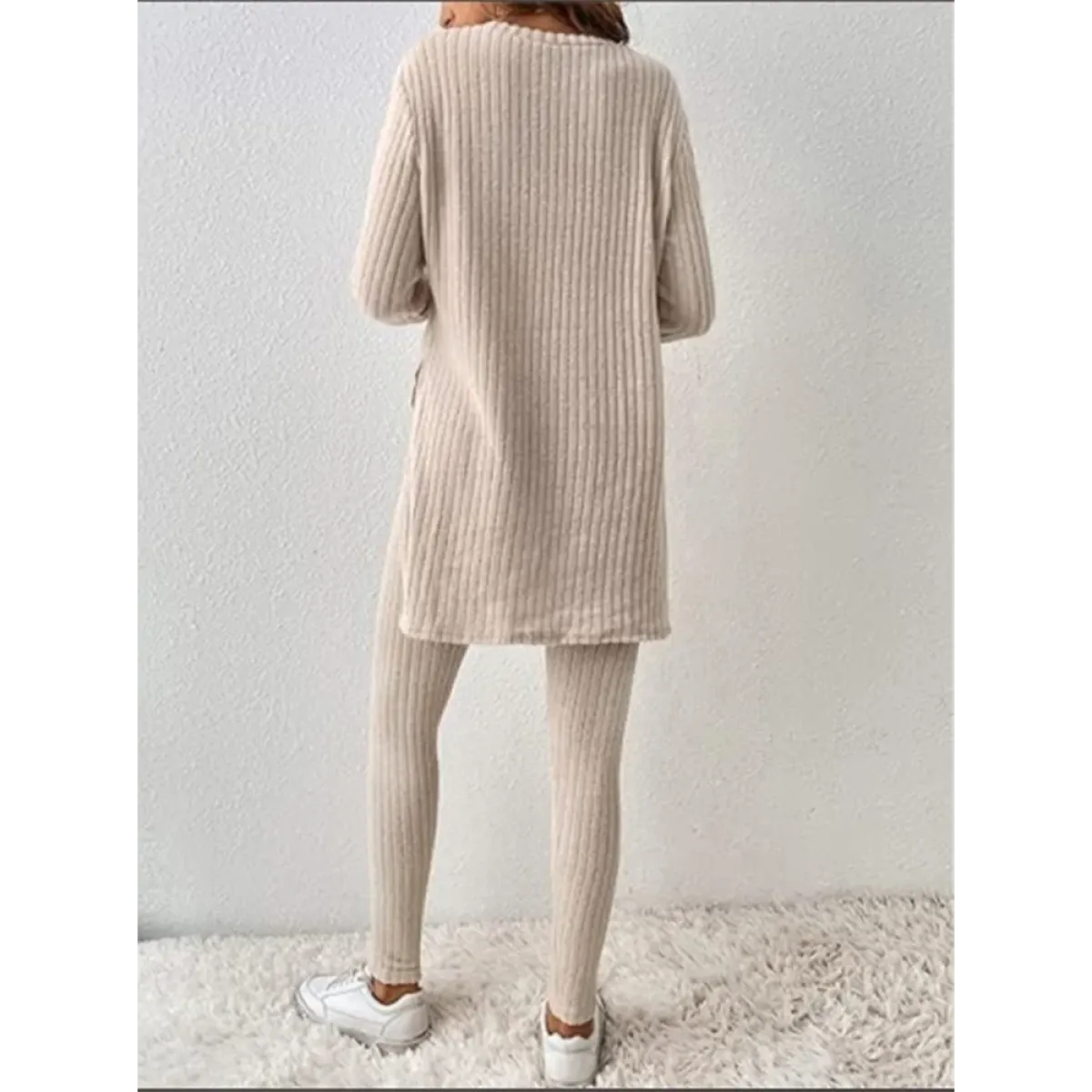 Beige Ribbed Knit Two-Piece Set – Split Long Sleeve Top & Pants