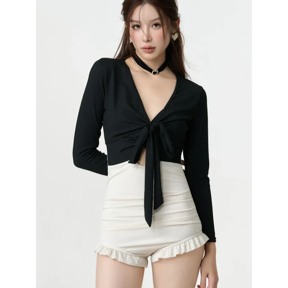 Bikini Set – V-Neck Long Sleeve with Ruffle High Waist