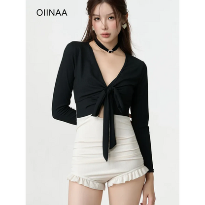 Bikini Set – V-Neck Long Sleeve with Ruffle High Waist