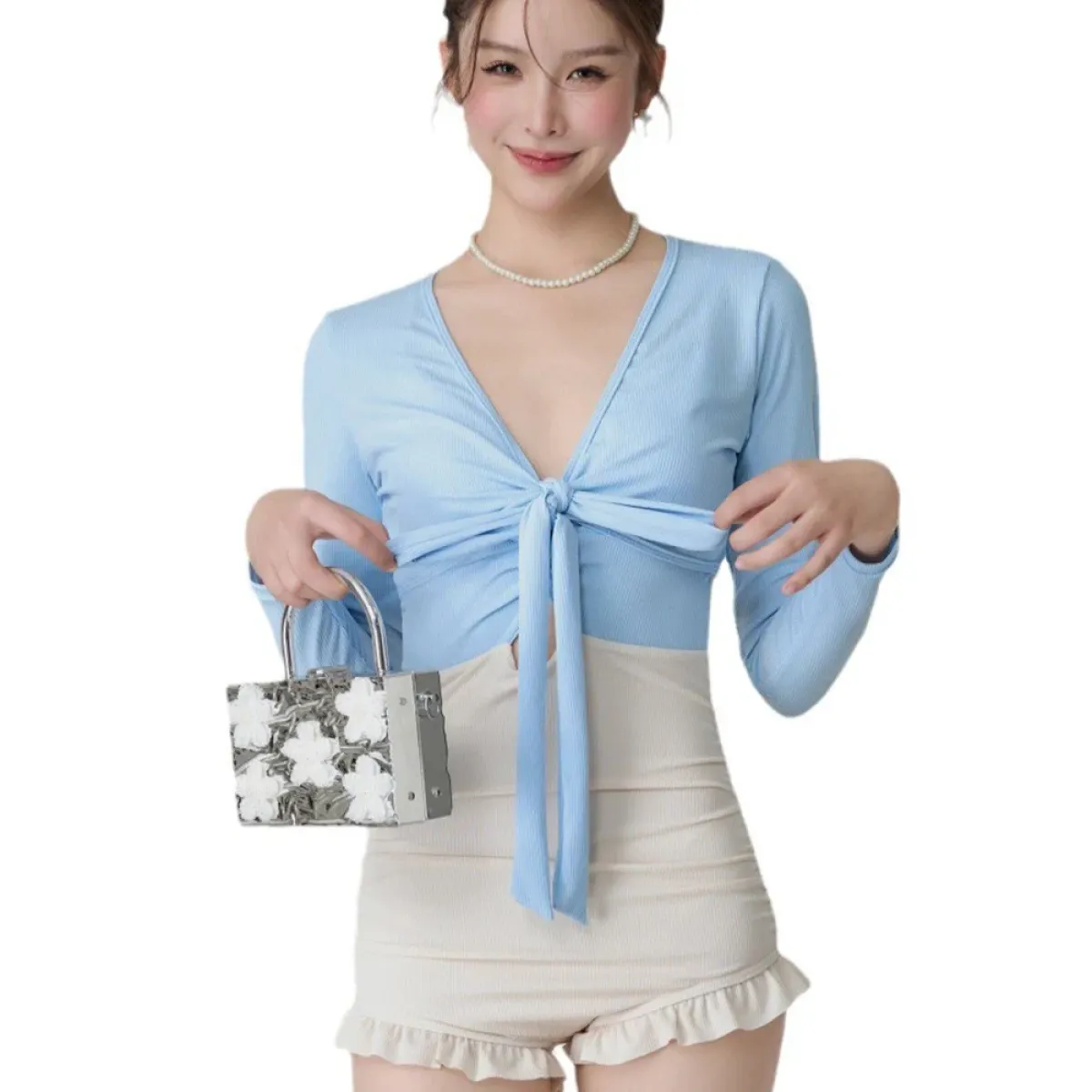 Bikini Set – V-Neck Long Sleeve with Ruffle High Waist