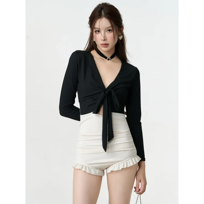 Bikini Set – V-Neck Long Sleeve with Ruffle High Waist