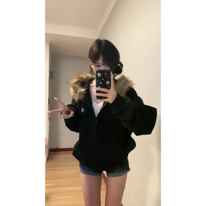 Black Faux Fur Hooded Zip-Up Jacket – Oversized Harajuku Style