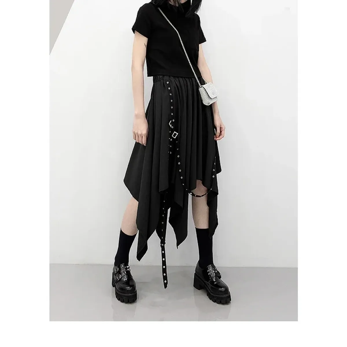 Black Irregular Hem Gothic Punk Skirt – Buckle Straps & Studded Details