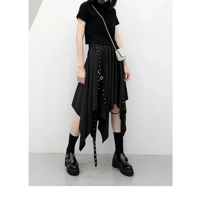 Black Irregular Hem Gothic Punk Skirt – Buckle Straps & Studded Details