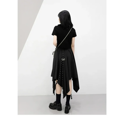 Black Irregular Hem Gothic Punk Skirt – Buckle Straps & Studded Details