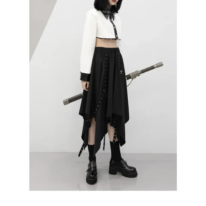 Black Irregular Hem Gothic Punk Skirt – Buckle Straps & Studded Details
