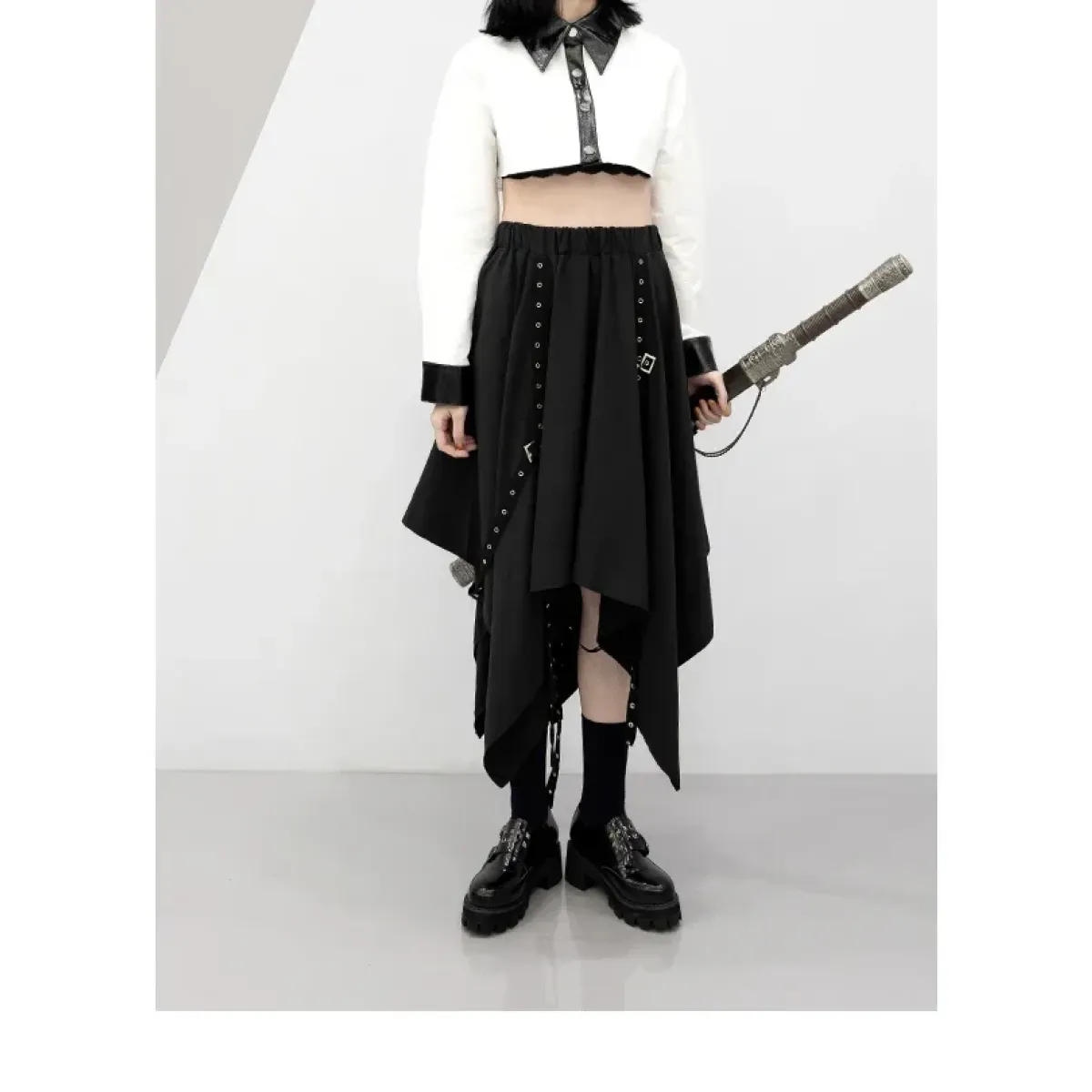 Black Irregular Hem Gothic Punk Skirt – Buckle Straps & Studded Details