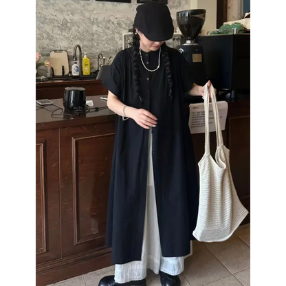 Black Oversized Kimono Shirt Dress – Gothic Casual Summer Style