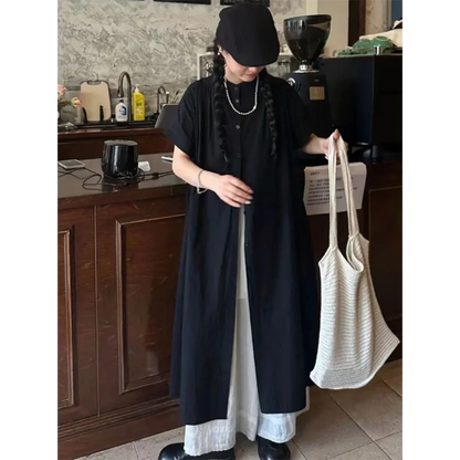Black Oversized Kimono Shirt Dress – Gothic Casual Summer Style