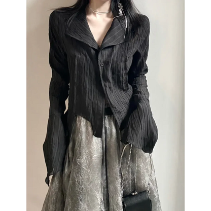 Black Pleated Gothic Harajuku Blouse – Button-Up Long Sleeve