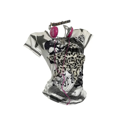 Y2K Punk Tee – Leopard Print Patchwork & Skull Graphic