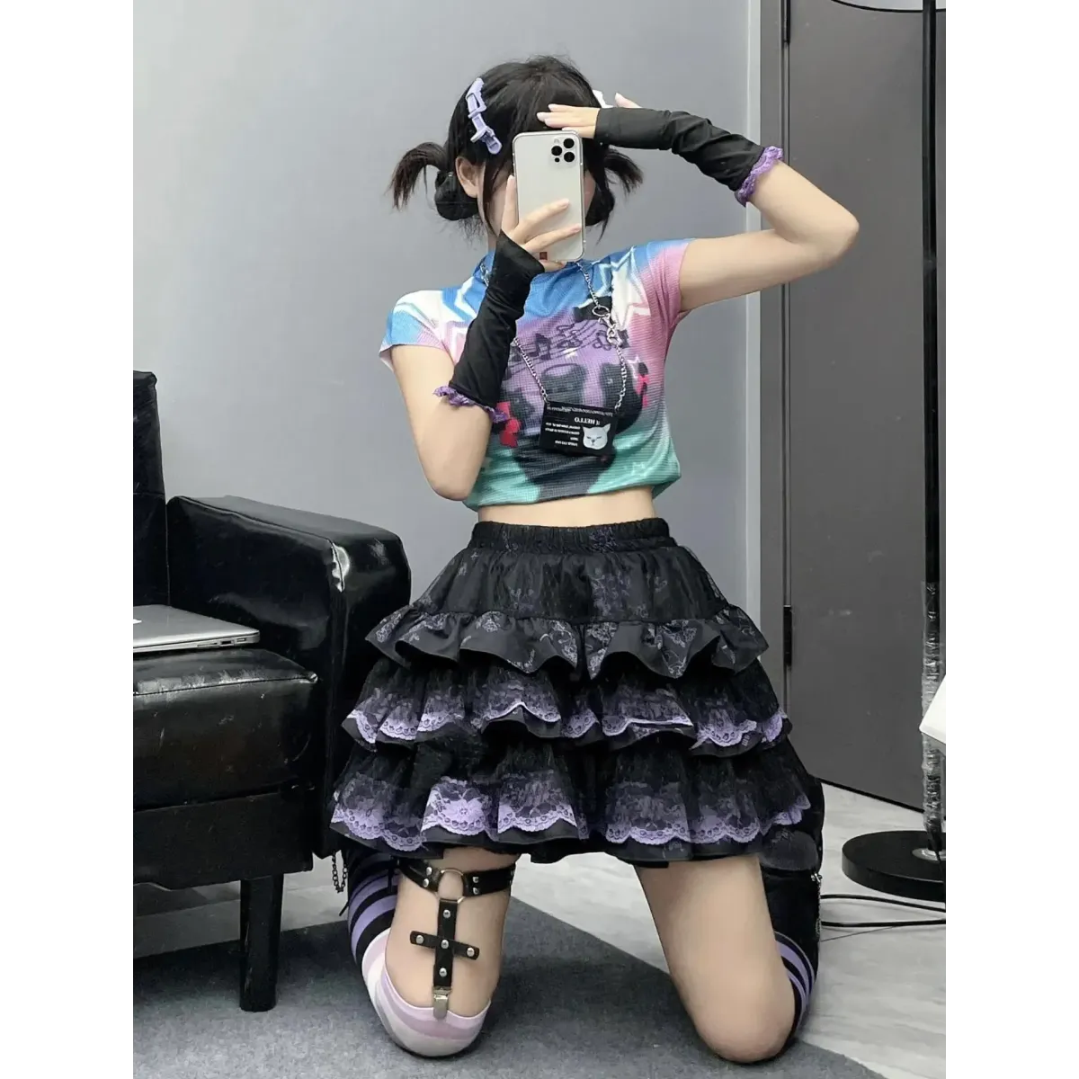 Y2K Punk Lace Mini Skirt – Gothic Layered A-Line Skirt