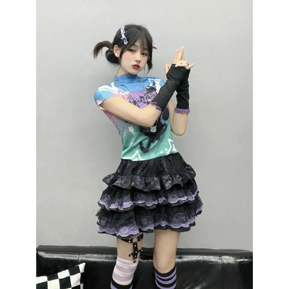 Y2K Punk Lace Mini Skirt – Gothic Layered A-Line Skirt