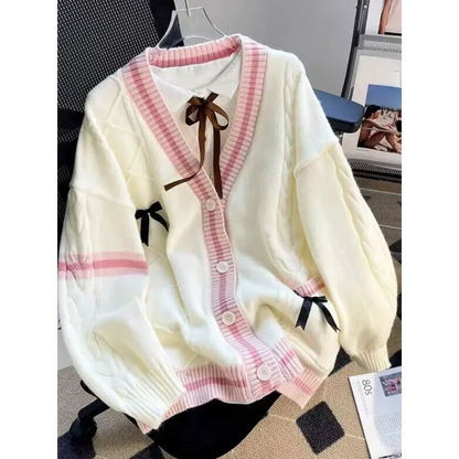 Bow Knit Cardigan – Y2K Aesthetic Contrast Trim Sweater