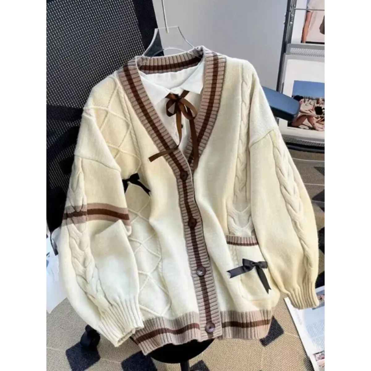 Bow Knit Cardigan – Y2K Aesthetic Contrast Trim Sweater