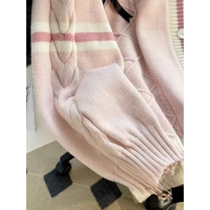 Bow Knit Cardigan – Y2K Aesthetic Contrast Trim Sweater