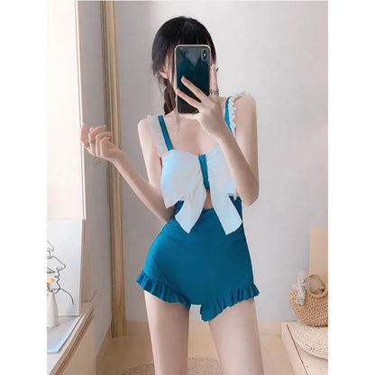 Bow Patchwork Swimsuit – Korean Ruffle One Piece Shorts