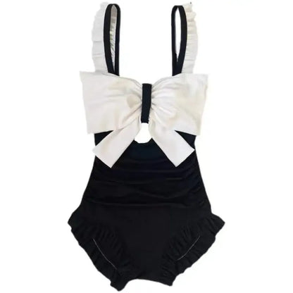 Bow Patchwork Swimsuit – Korean Ruffle One Piece Shorts