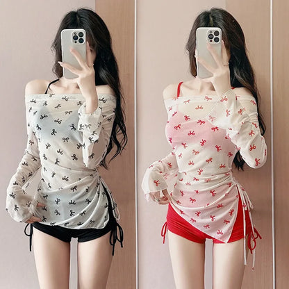 Bow Print Bikini Set – Korean 3pcs Mesh Cover with Drawstring Shorts