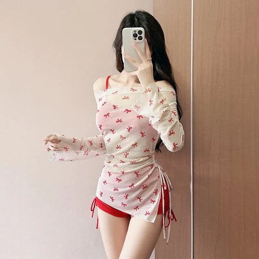 Bow Print Bikini Set – Korean 3pcs Mesh Cover with Drawstring Shorts