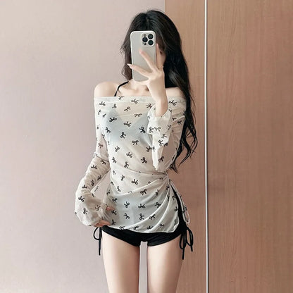 Bow Print Bikini Set – Korean 3pcs Mesh Cover with Drawstring Shorts