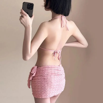 Chain Halter Bikini Set with Skirt – Korean 3PCS Beach Swimwear