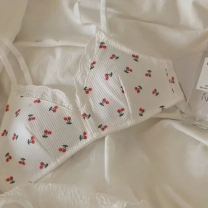 Cherry Print Lace Bra – Seamless Wire-Free Breathable Lingerie
