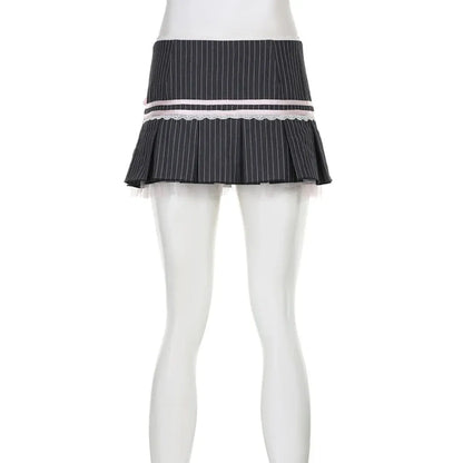 Y2K Coquette Aesthetic Pinstripe Pleated Black Mini Skirt with Bow