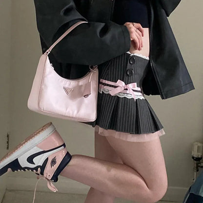 Y2K Coquette Aesthetic Pinstripe Pleated Black Mini Skirt with Bow