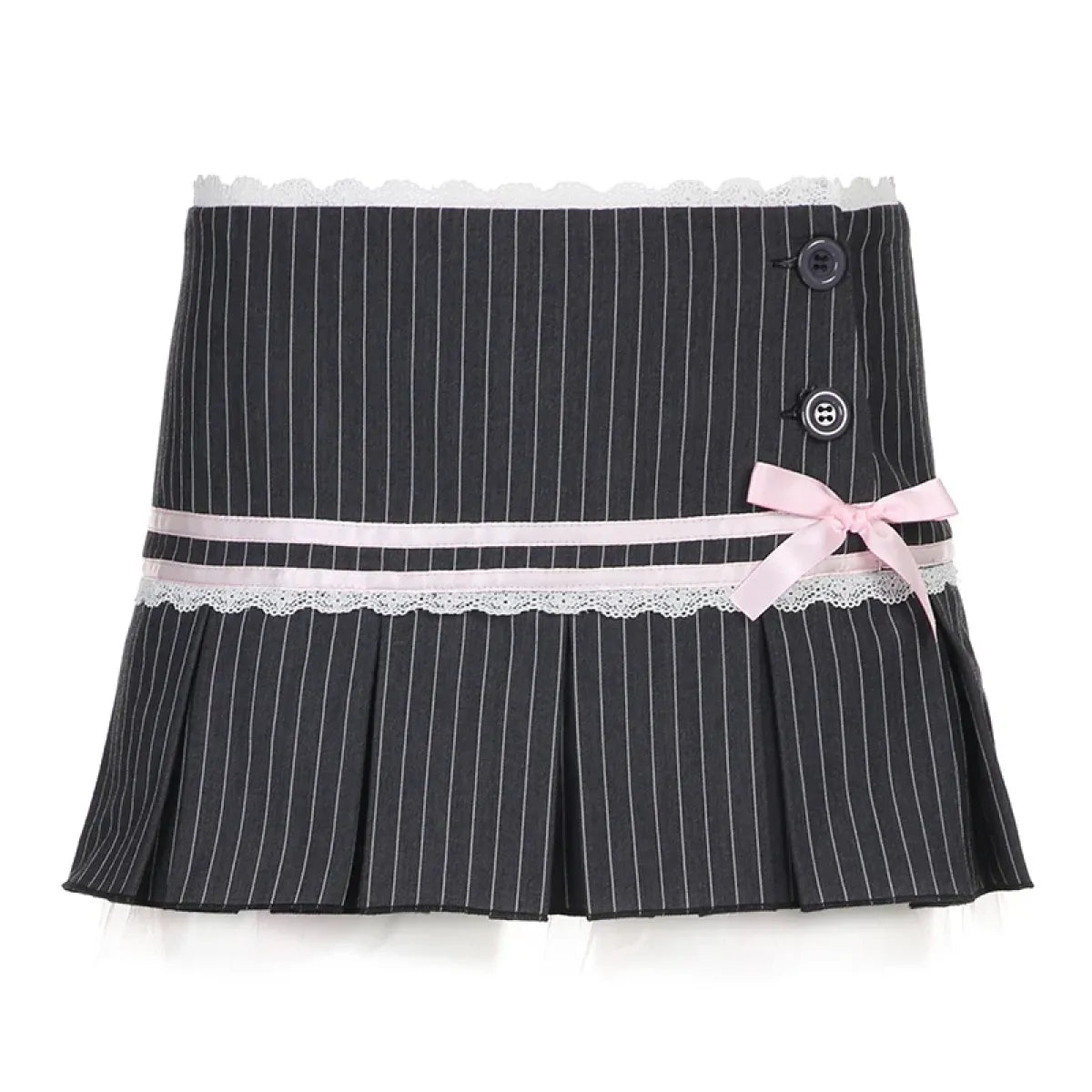 Y2K Coquette Aesthetic Pinstripe Pleated Black Mini Skirt with Bow