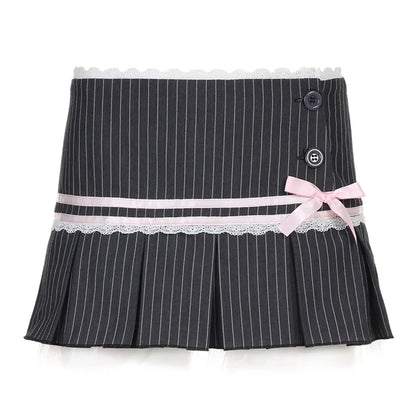 Y2K Coquette Aesthetic Pinstripe Pleated Black Mini Skirt with Bow