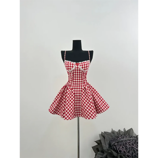 Coquette Plaid Mini Dress – Balletcore Gyaru Party Dress