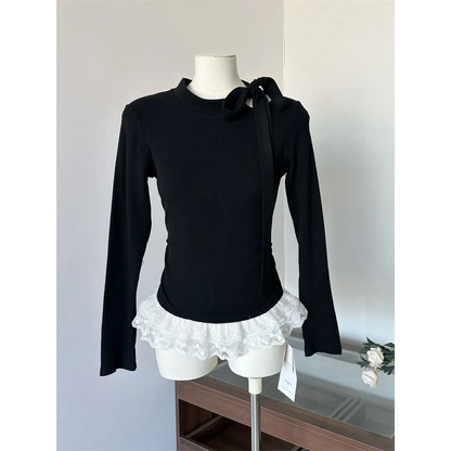 Bow Tie Lace Trim Top – Elegant Y2K Long Sleeve Blouse