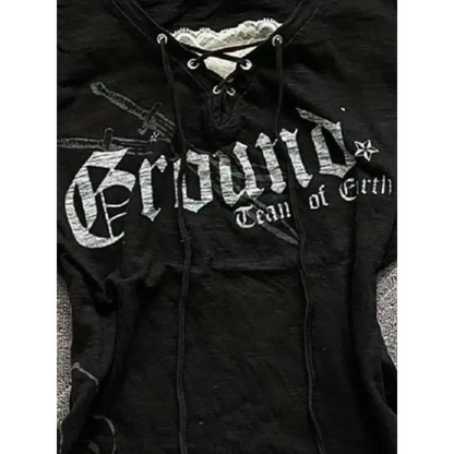 Black Lace-Up Graphic T-Shirt – Fairy Grunge Harajuku Top