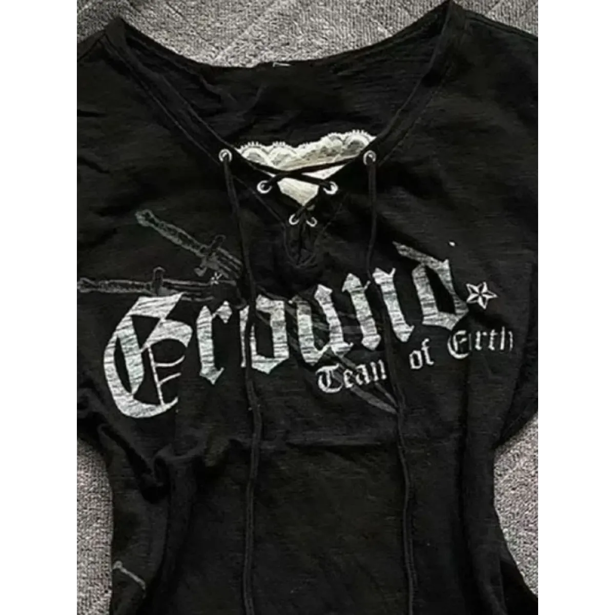 Black Lace-Up Graphic T-Shirt – Fairy Grunge Harajuku Top