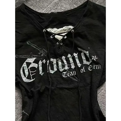 Black Lace-Up Graphic T-Shirt – Fairy Grunge Harajuku Top