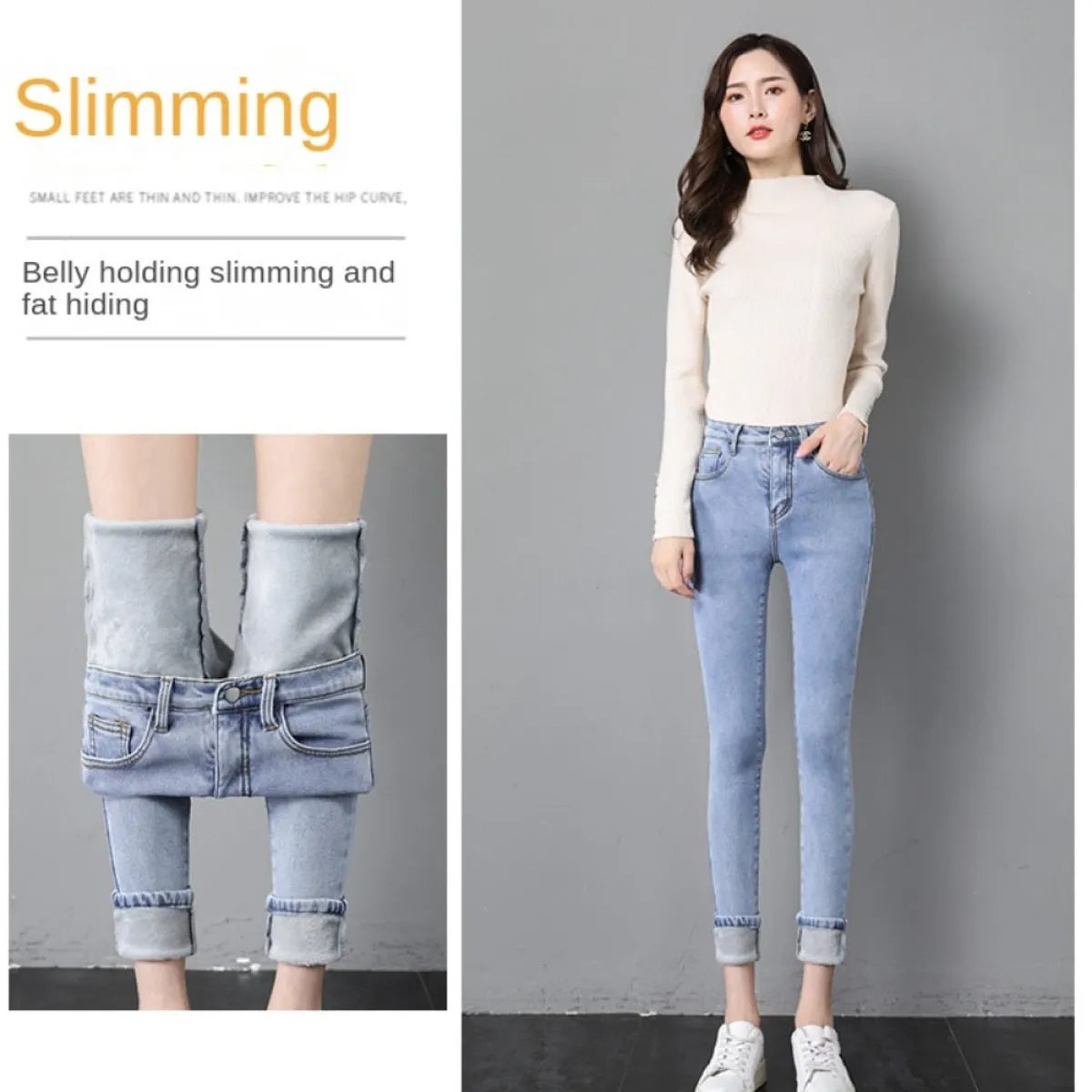 Thick Fleece-Lined High Waist Jeans