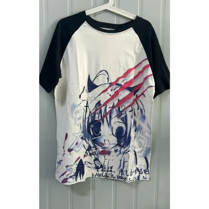 Black & White Gothic Anime T-Shirt – Harajuku Y2K Graphic Top