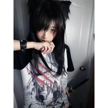 Black & White Gothic Anime T-Shirt – Harajuku Y2K Graphic Top