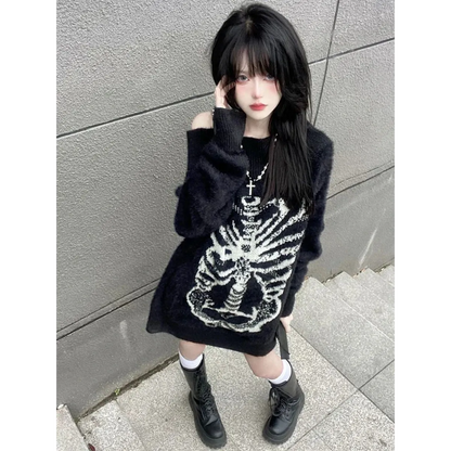 Black Skull Print Harajuku Sweater – Gothic Grunge Y2K Knitwear