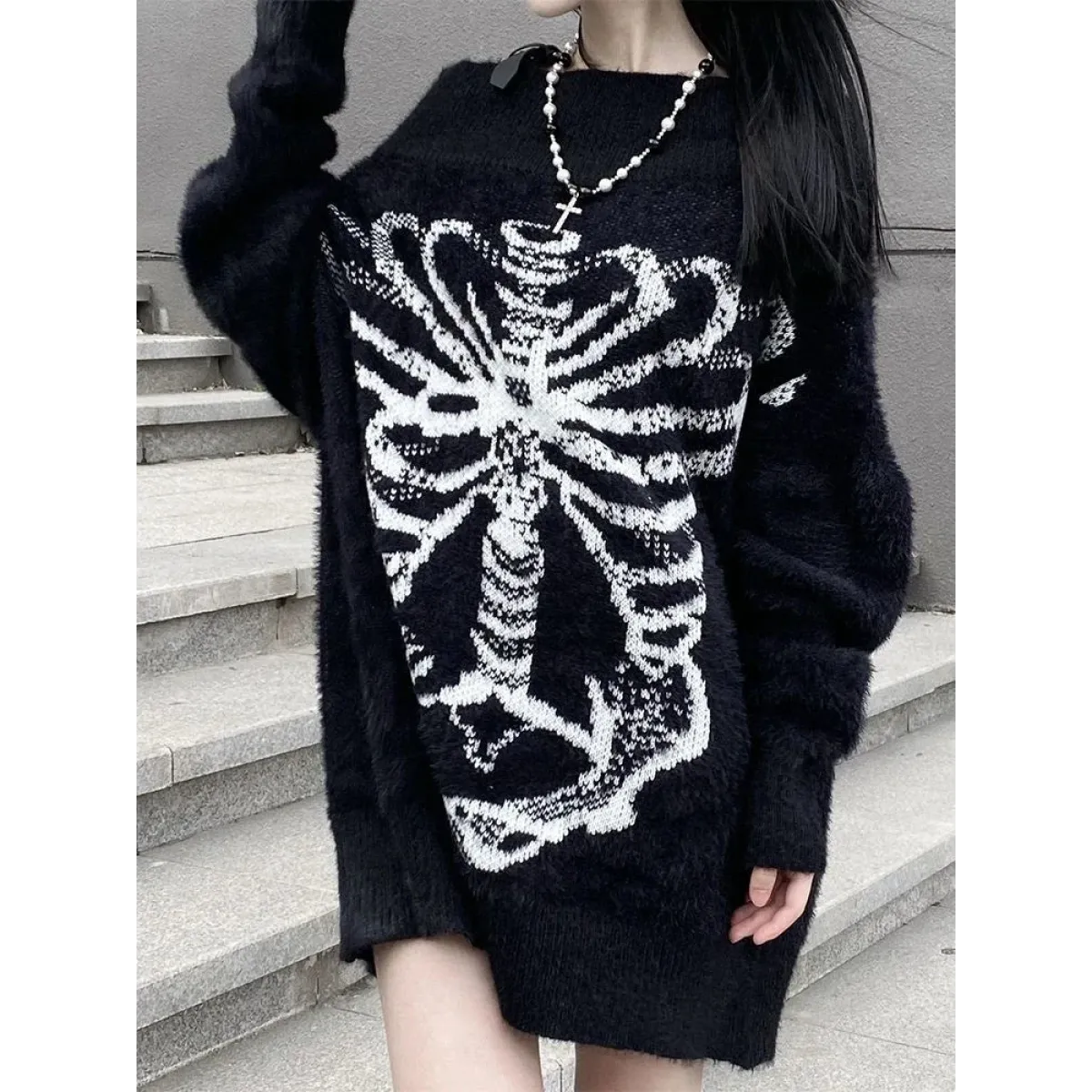 Black Skull Print Harajuku Sweater – Gothic Grunge Y2K Knitwear