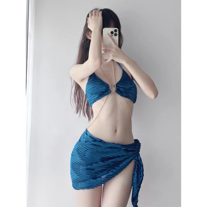 Black Chain Ring Halter Bikini Set – Korean Sexy Swimwear 3PCS Skirt