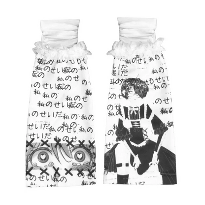 Black & White Harajuku Leg Warmers – Gothic Print & Lace Trim