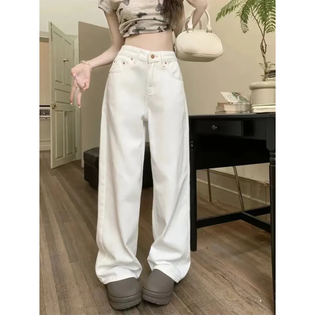 Wide Leg Jeans – High Waist Y2K Bow Embroidery