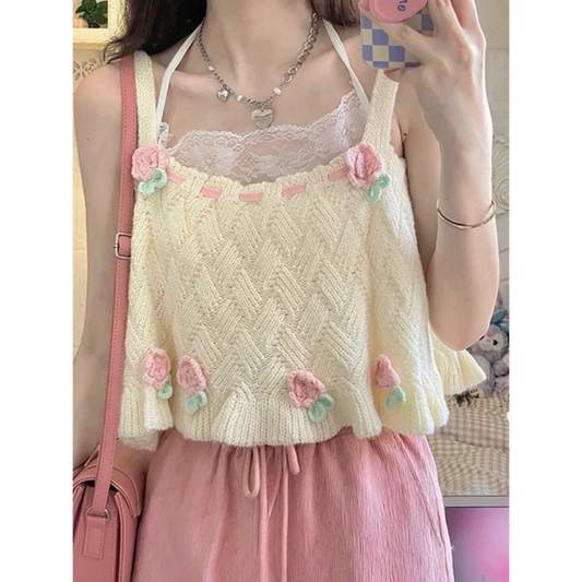 Chic Japanese Kawaii Flower Embroidery Knit Tank Top