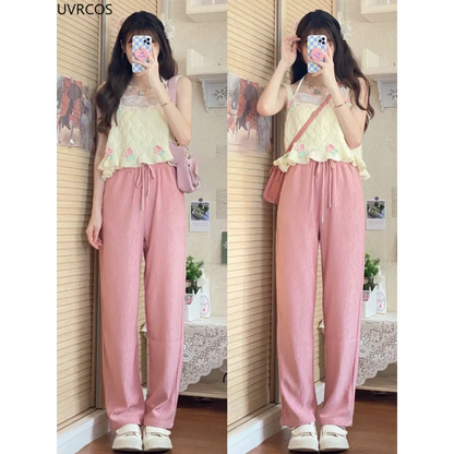 Chic Japanese Kawaii Flower Embroidery Knit Tank Top