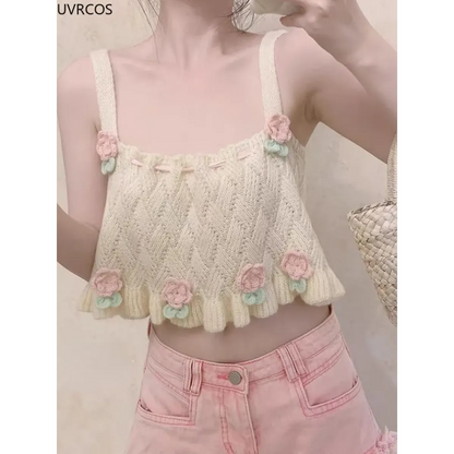 Chic Japanese Kawaii Flower Embroidery Knit Tank Top